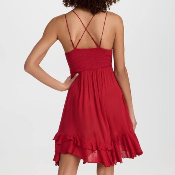 RUE 21 Red strappy peekaboo lace V neck ruffle hemline mini dress size XS n boho - Picture 8 of 12